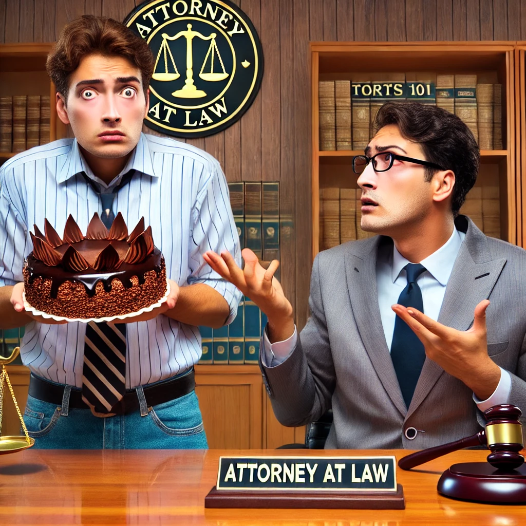 Content for law firms with a torte and a confused and frustrated lawyer